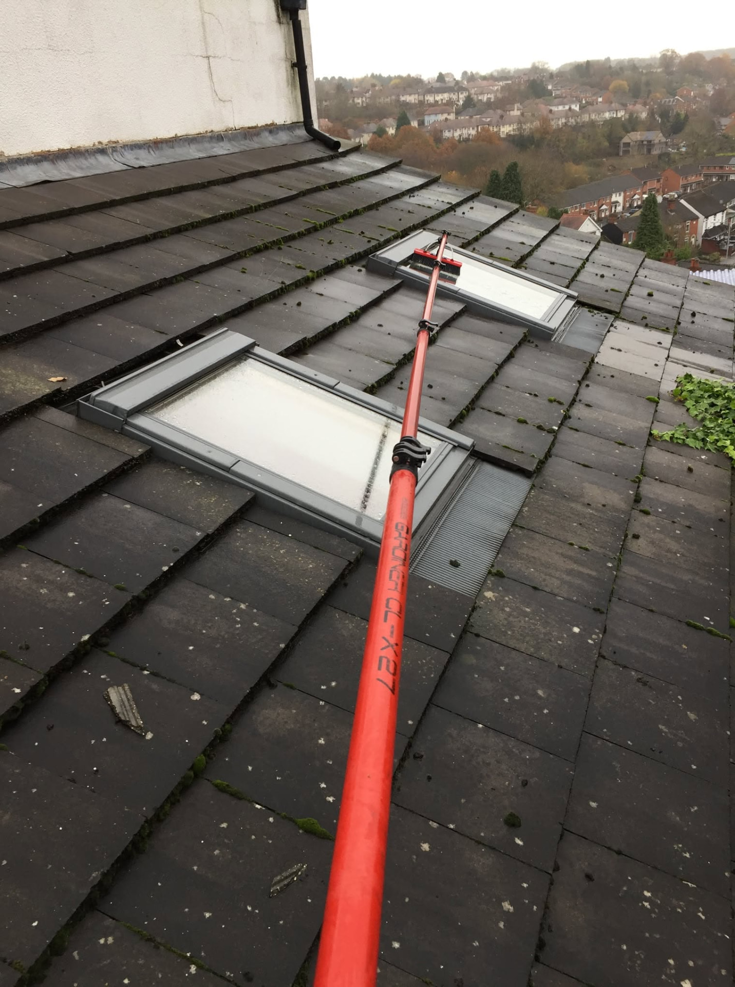 Water-fed pole brush cleaning roof skylights from the ground